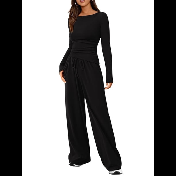 Conjuntos de Dos Piezas para Mujer: Camiseta Asimétrica de Larga, Pantalones Anchos y Chándal Informal. Negro XL