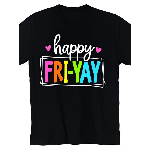 Happy Fri-Yay Graphic T-Shirt for Women and Men, Funny Friday Rainbow Letter Print Crew Neck Short Sleeve Casual Tee, Soft Comfortable Weekend Graphic Shirt