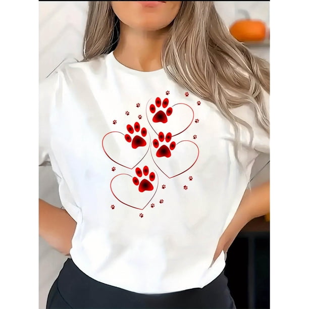 Camiseta blanca informal para mujer con diseño de corazón y huella de pata azul. Cuello redondo, manga corta, cómoda mezcla de algodón, ideal para uso diario. Camiseta de moda. Tejido de punto.