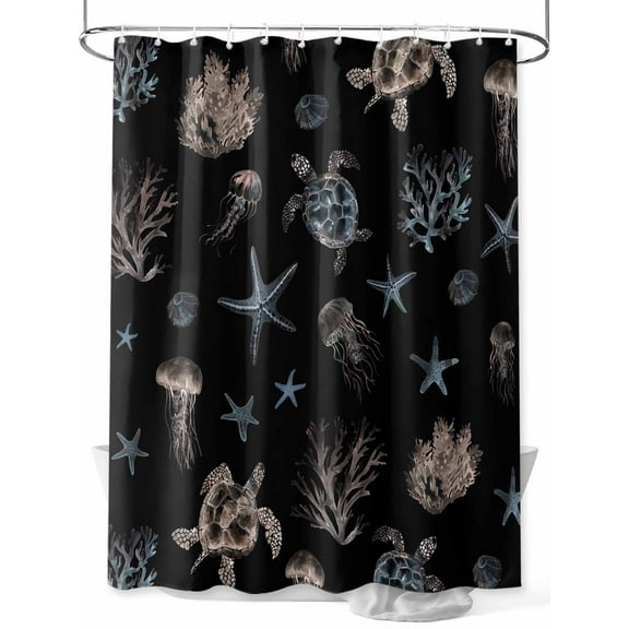 Boanket Polyester Fabric Black Coastal Shower Curtain, Nautical Summer Beach Sea Turtle Starfish Waterproof Bathtub Curtain Bathroom Decor Set with Hooks 60 x 72 Inches,