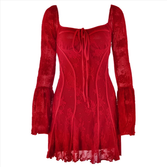 Vestido Mini de Mujer 2025 con Escote Cuadrado y Larga, Corte A, Corto. Rojo M