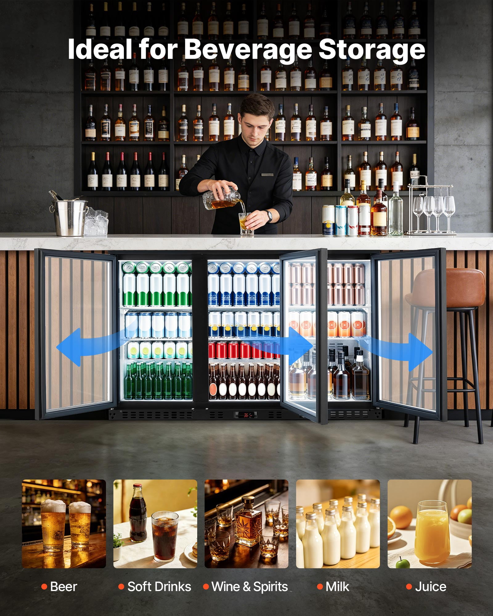 VEVOR Back Bar Cooler, 11.4 Cu.Ft Commercial Beverage Refrigerator with 3 Glass Door, Large Under Counter Fridge w/ LED Lighting, Shelf, Low-E Glass Display Cooler for Store, Lobby, Restaurant, Pub