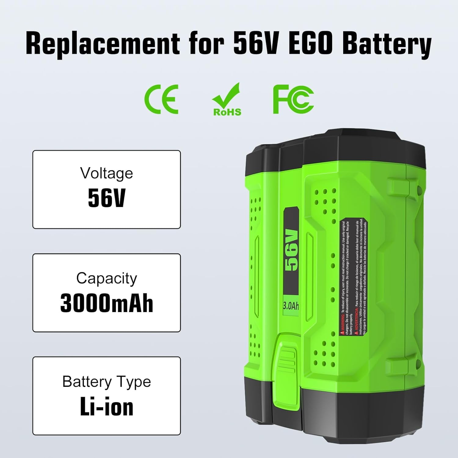 4Pack 3.0Ah Replacement Battery for EGO 56V Battery BA2800T BA4200 BA1400 56-Volt Compatible with EGO 56 Volt CS1604 CS1804 CS1403 HT2400 LB6504 LB5804 LB6500 LB4800 PH1400 Power Tools (Green)