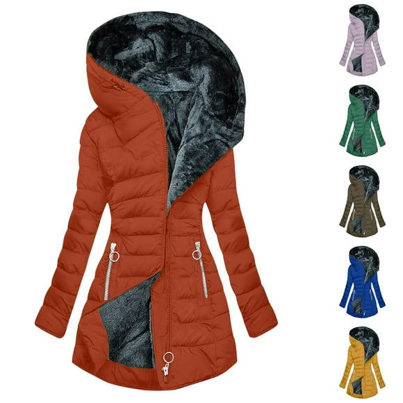 JURANMO Plus Size Quilted Jacket for Women Slim Down Jackets Fleece Lined Warm Winter Coat with Hood Deals of the Day Yellow XXXXXL