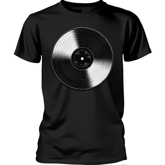 Stylish Black T-Shirt with Silver Record Design Unique Graphic Tee