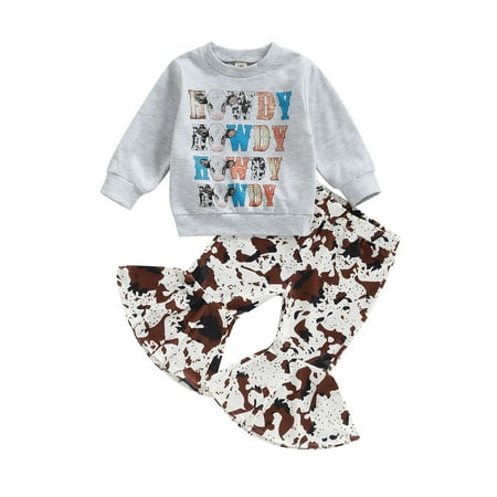 

Toddler Baby Girl Western Clothes Cowgirl Outfits Bell Bottoms Long Sleeve Sweatshirt Pullover Top Cow Print Flared Pants (Cow Print Grey 0-6 Months)