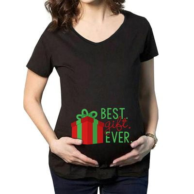 Fancyleo Christmas Woman's Loose Maternity Dress Christmas Gift Print Best Gift Ever Letter Print Round Neck Short Sleeve Pregnant Women's Shirt (Best Place For Cheap Maternity Clothes)