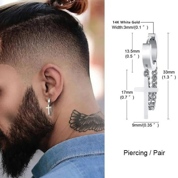 Simple Cross Dangle Earrings for Men Women Minimalist 14K White Gold Drop Small Hoop Metal Ear Jewelry Anti Allergy