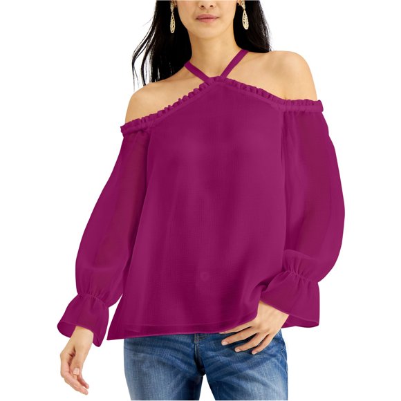 I.N.C Womens Ruffled Cold Shoulder Blouse, ltpaspink, M