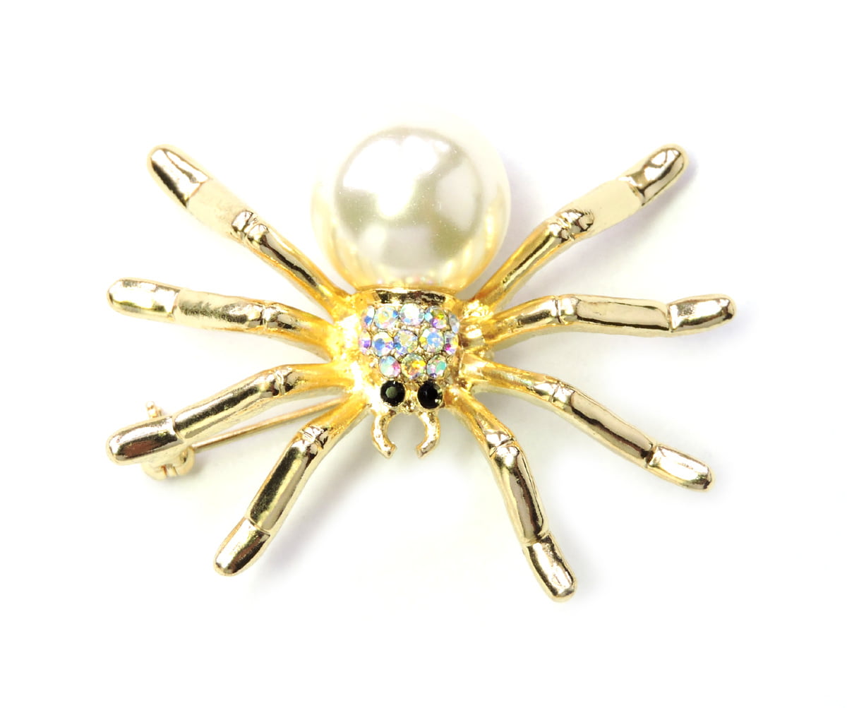 Vintage Design Spider Pin Brooch Halloween Costume Jewelry Crystal Clear Gold T 