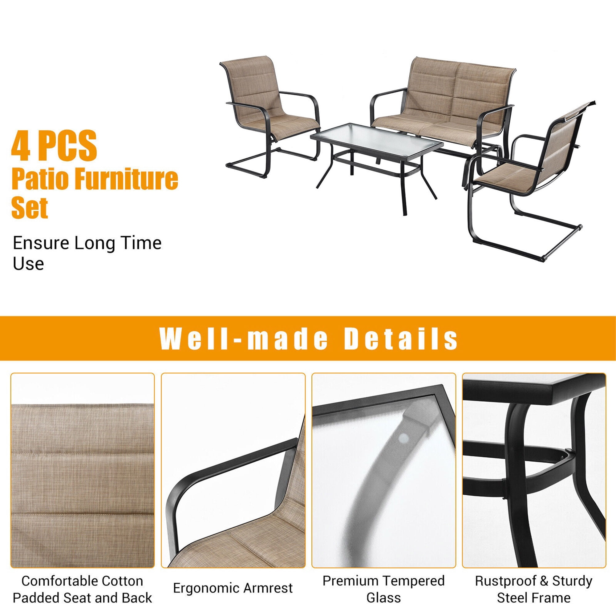 Gymax Fashion 4PCS Patio Conversation Set Cotton Padded Furniture Set w/ Swing Glider Loveseat