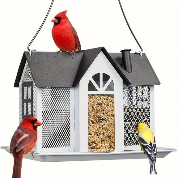 Bird Feeder House for Outside, Metal Mesh Wild Bird Feeder with Triple Feeders for Finch Cardinal Chickadee, Large Capacity, Weatherproof and Durable