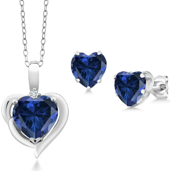 Gem Stone King 2.62 Cttw Blue Created Sapphire and White Lab Grown Diamond Pendant Necklace Earrings Set for Women | 925 Sterling Silver | Heart Shape 8MM and 6MM | With 18 inch Chain