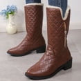 thumbnail image 5 of Women's Quilted Mid Calf Winter Boots, Faux Leather Fleece Lined Warm Pull On Snow Boots, Block Heel Cold Weather Boots, 5 of 6