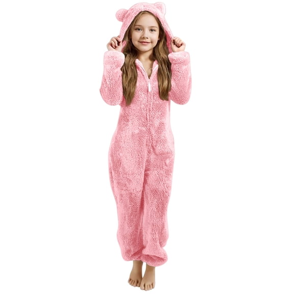 LNMQLPDBS Girls Fleece Jumpsuits Zip Up Teens Hooded Rompers Fuzzy Onesie Warm Cute Winter Clothes Warm Sherpa Romper for Kids 2-13 Years