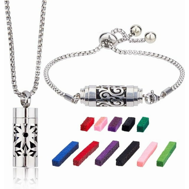 2 Styles Essential Oil Diffuser Necklace Bracelet Stainless Steel Aromatherapy Locket Pendant Set with 20Pcs Felt Pads Changeable Perfume Pads Adjustable Diffuser Necklaces Gift Set