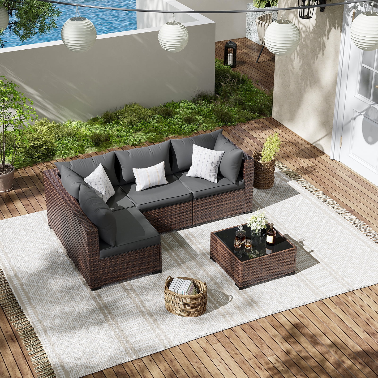 ELPOSUN 5 Pieces Patio Furniture Set All Weather Outdoor Sectional Sofa, Outdoor Modern Sectional Furniture Wicker Couch with Glass Coffee Table, Thicken Gray Cushions, Water Resistant