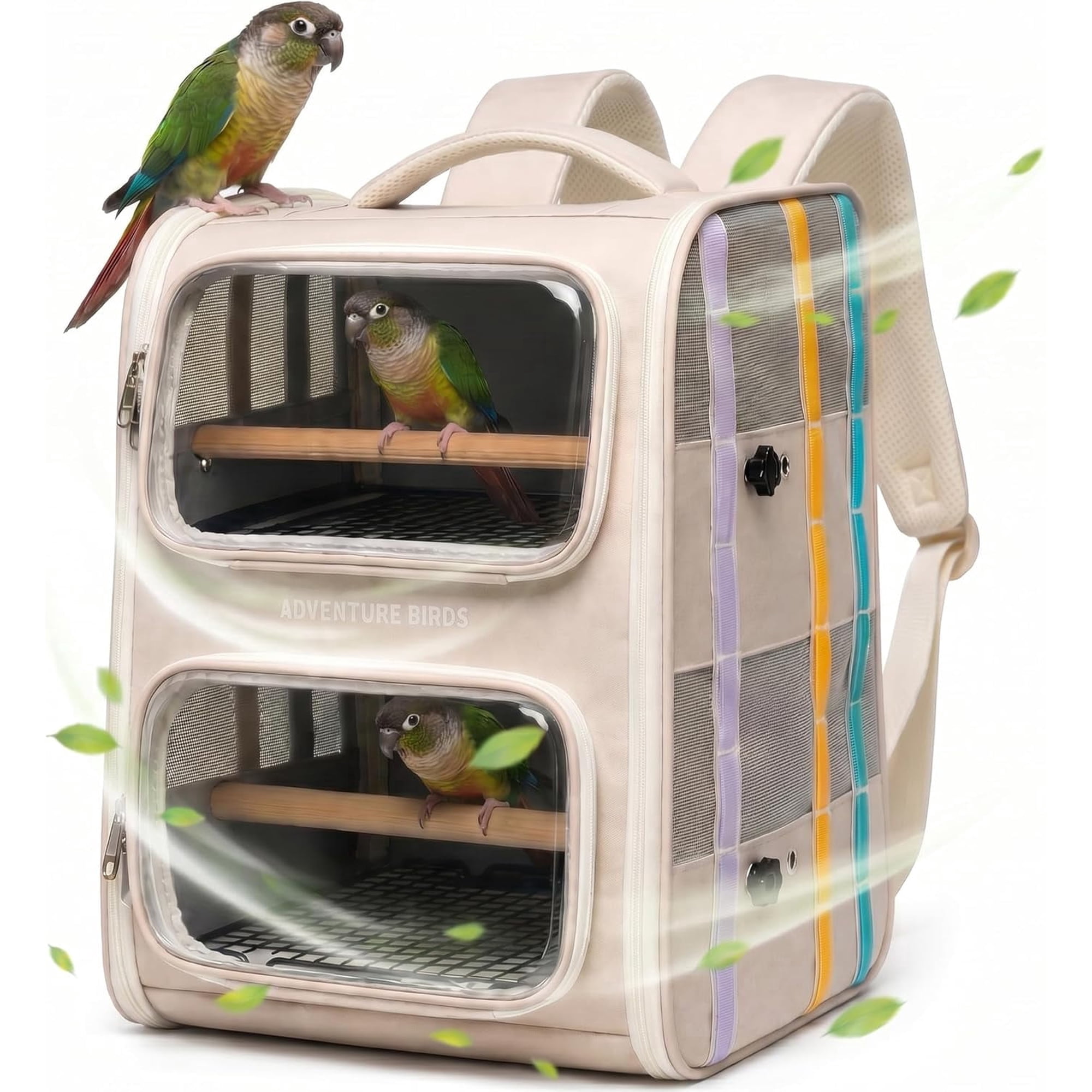 Portable Ventilated Double Layer Bird Travel Backpack Cage, Parrot Carrier with Detachable Waste Tray & Standing Perch, Ideal for Parakeet, Cockatiel, Conure & Small Pet Birds