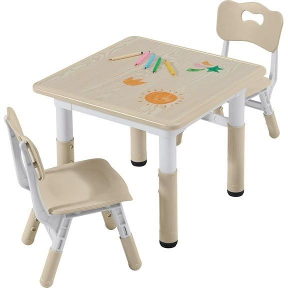 Kids Table and 2 Chairs Set, Adjustable Height Toddler Table and Chair with Graffiti Tabletop, Multi-Activity Play & Study Desk for Ages 3-8, for Classroom, Daycare, or Home Use