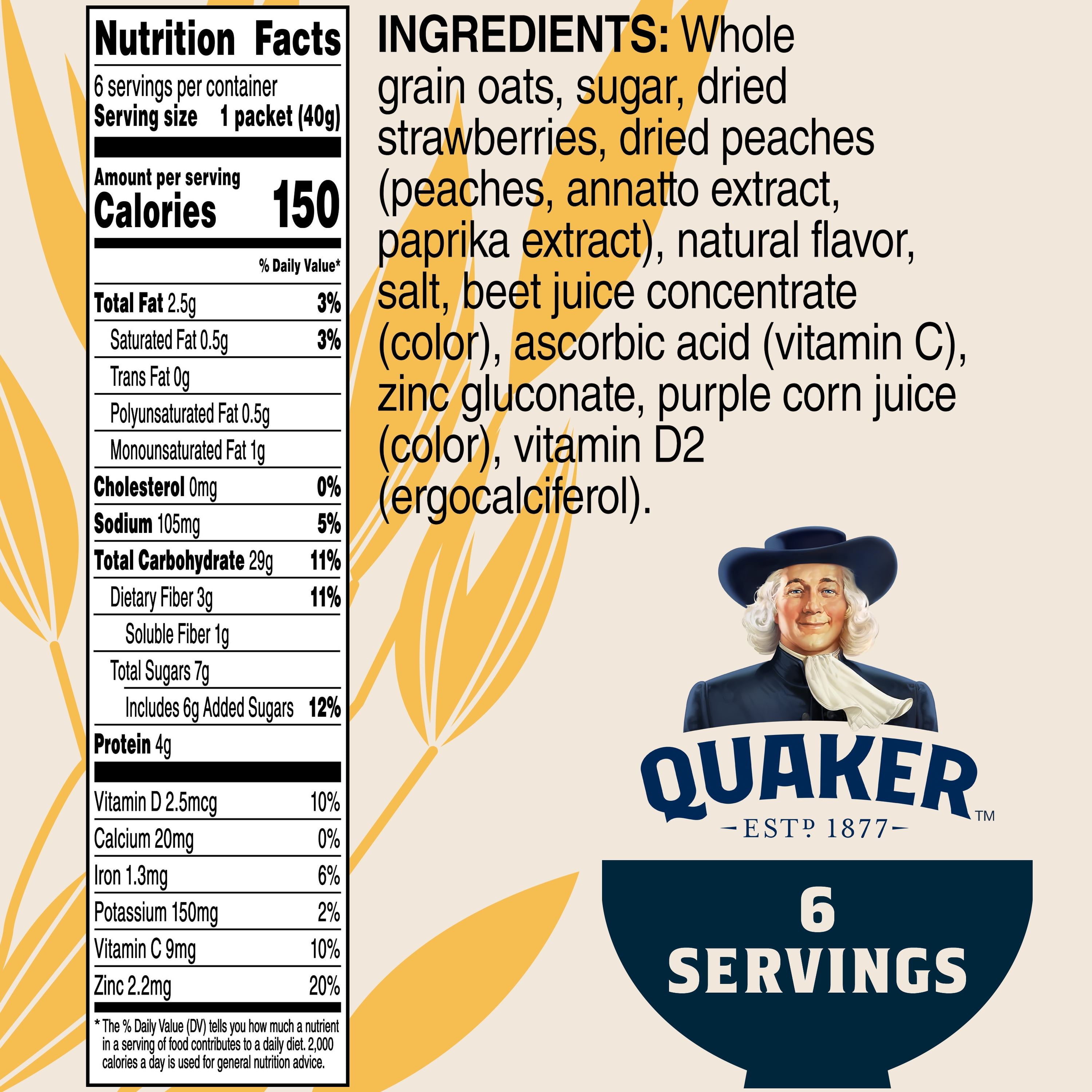 (6 pack) Quaker Immunity Instant Oatmeal, Strawberry Peach, Good Source of Vitamins C, D, & Zinc, Whole Grains, 1.41 oz packets, (6 Pack)