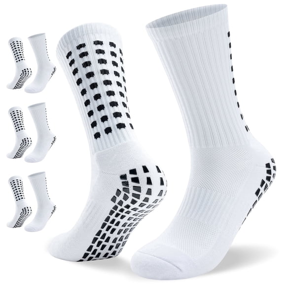 PULIOU Men Grip Soccer Socks, 3 Pairs, Non Slip Silicone Grip, Breathable Cushioned Athletic Socks for Sports Training, White, L
