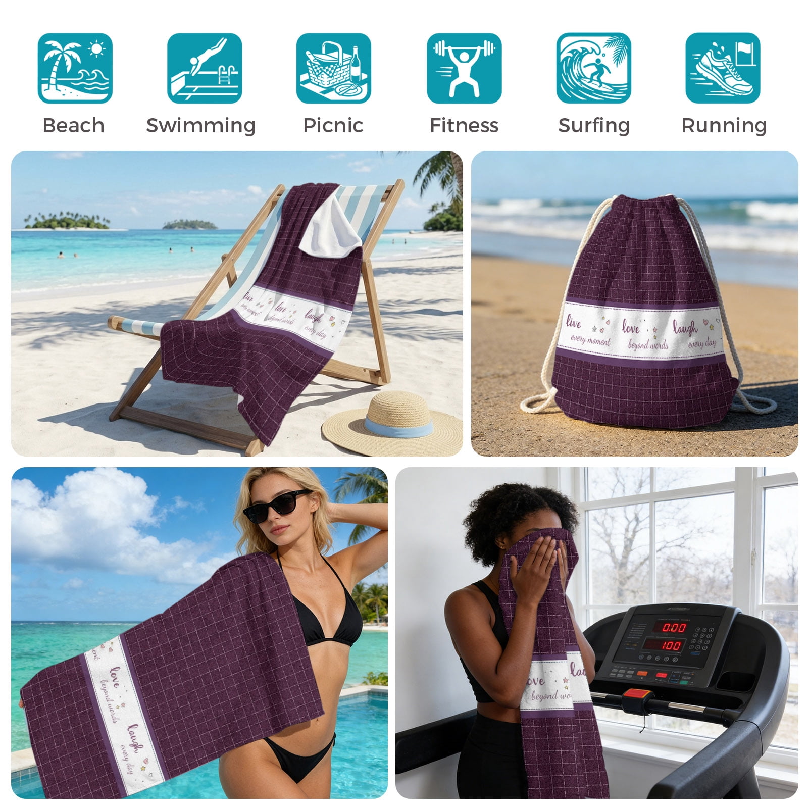 Beach Towel Bag 2 in 1 Live Love Laugh Bath Pool Towels Backpack Purple Buffalo Plaid Absorbent Beach Towel Soft Quick Dry Lightweight Towels Drawstring Bag for Travel Camping Sports Yoga Gym Picnic
