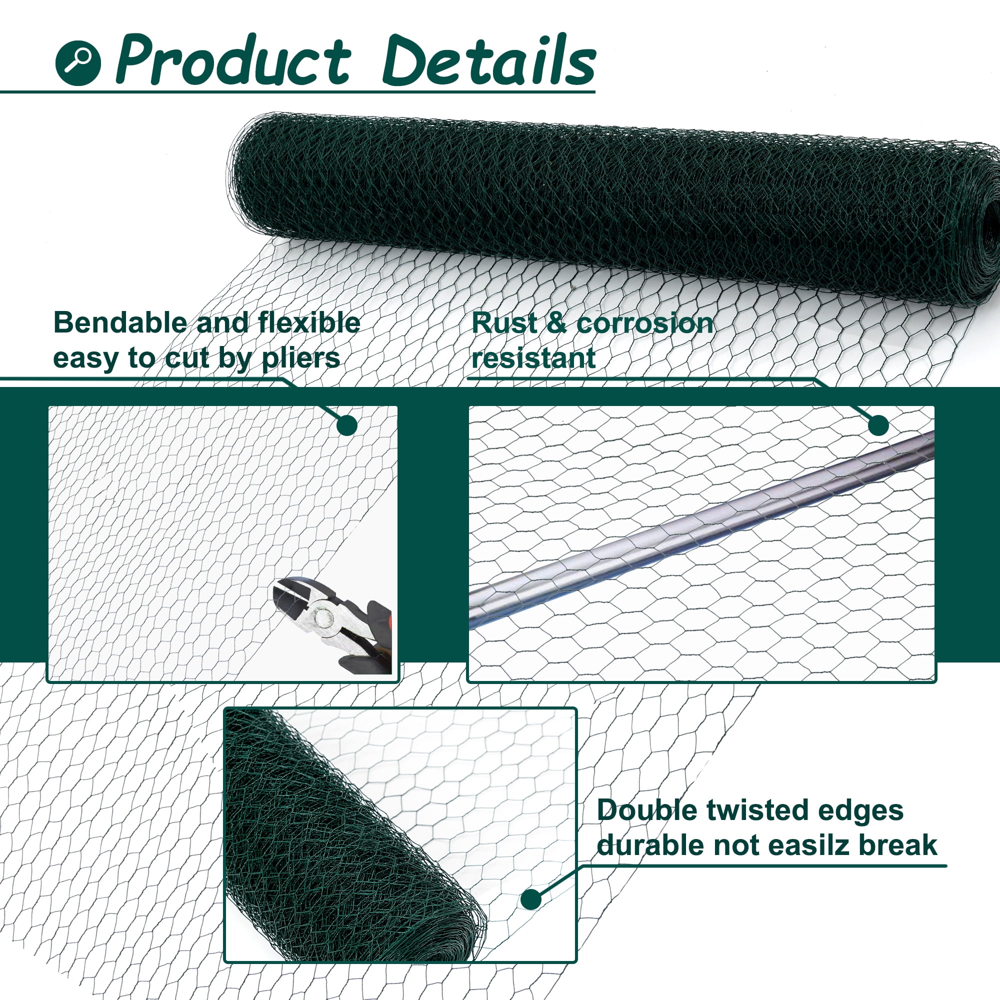 60M Galvanized Hexagonal Chicken Wire, Dark Green Anti-Rust Poultry Netting, Outdoor Garden Fence for Chicken Coop & Plant Protection