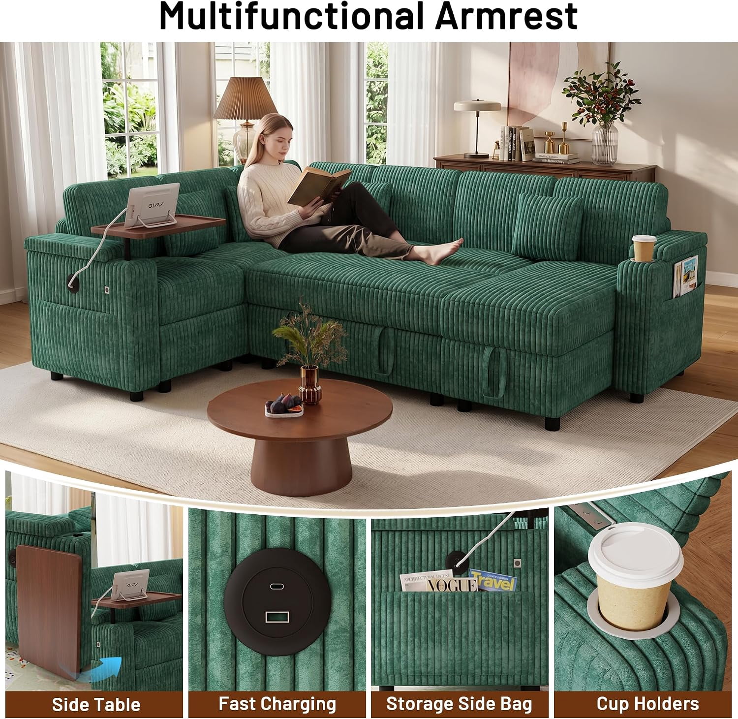 100 Inch U Shaped Pull Out Sofa Bed, Soft Corduroy Sleeper Sofa with USB Ports, Cup Holder, Table Board and Storage