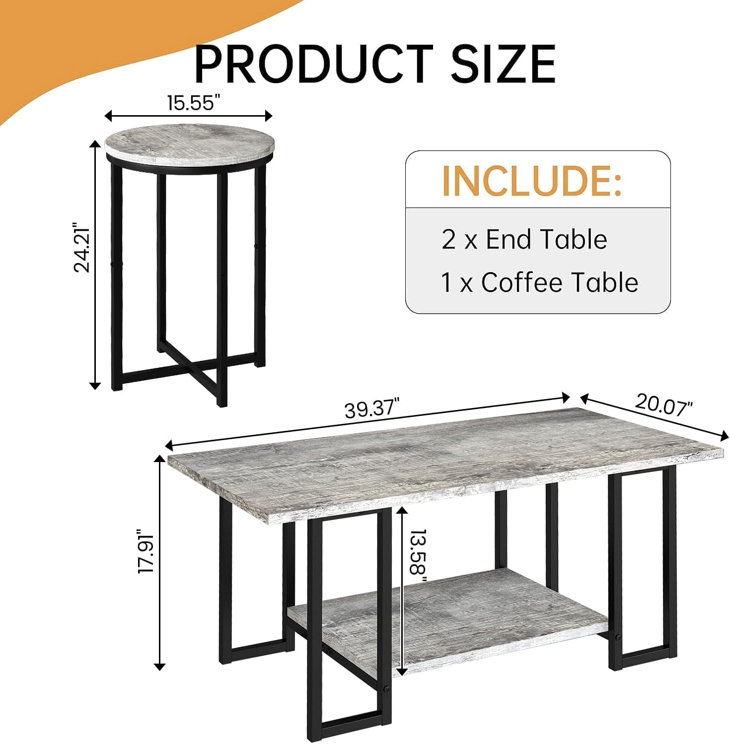Cvortll 3-Piece Living Room Table Set, Coffee Table with 2 Round End Tables, Faux Marble Top & Metal Frame, for Apartment & Home, Gray