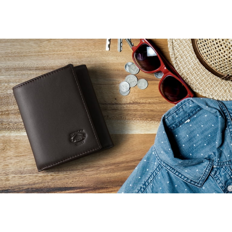 Stealth Mode Leather Trifold RFID Wallet For Men With Flip Out ID