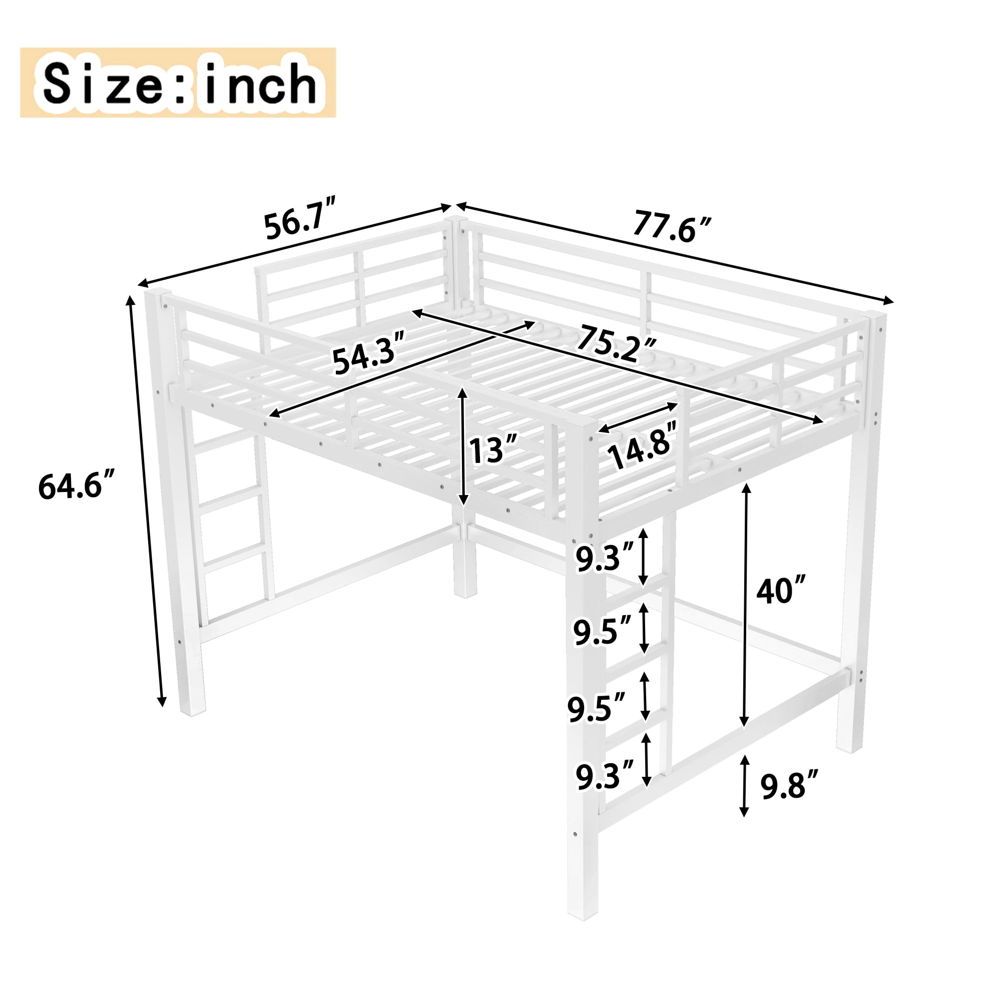 Miniyam Full Metal Loft Bed with Ladder and Guardrails, Space Saving Elevated Bed for Small Bedroom, Black