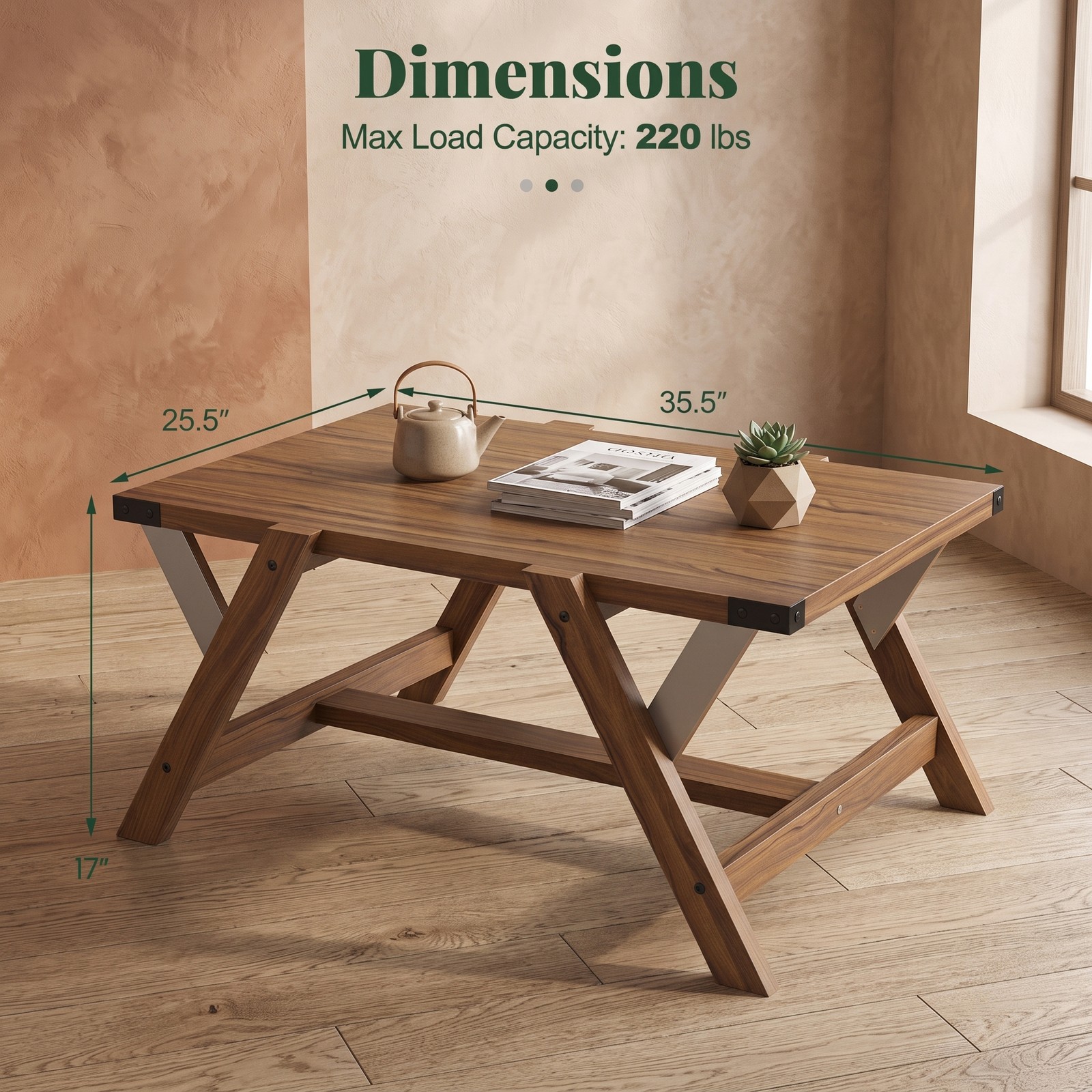 Furnibear Farmhouse Coffee Table, Rectangle Center Table with Nailhead Accents, Wood Living Room Cocktail Table with Anti-Wobble Legs and H-Shaped Base, Walnut