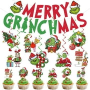 Grinch merry xmas and toppers decoration party theme banner for wall, cupcake toppers, merry grinchmas navidad green red colors