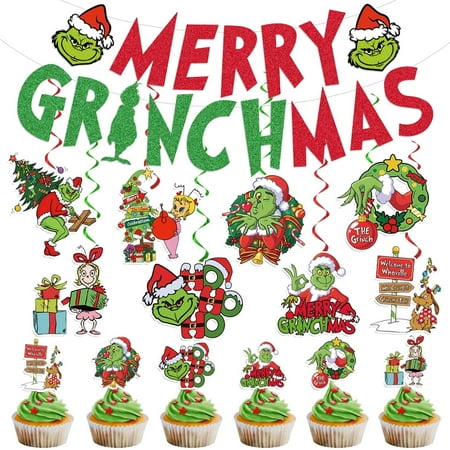 Grinch merry xmas and toppers decoration party theme banner for wall, cupcake toppers, merry grinchmas navidad green red colors
