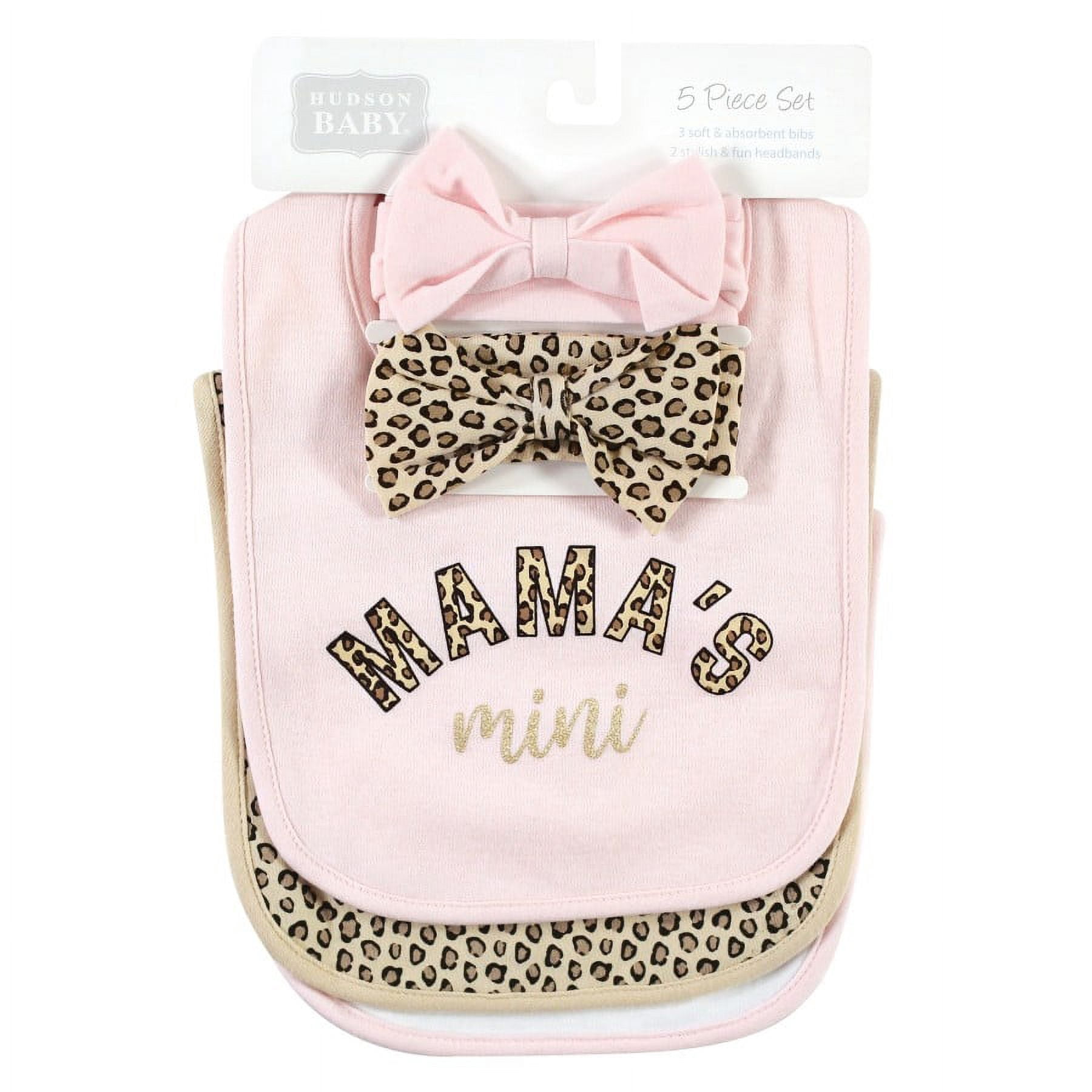 Infant Girl Cotton Bib and Headband or Caps Set, Leopard Mamas Mini, One Size