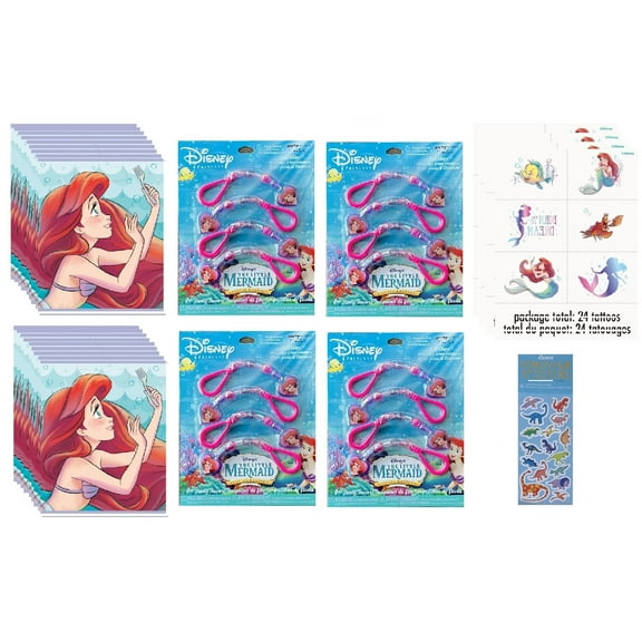 Disney Princess The Little Mermaid Birthday Party Supplies Favor Bundle includes 16 Plastic Loot Bags, 24 Tattoos, 16 Backpack or Belt Clips, 1 Dinosaur Sticker Sheet