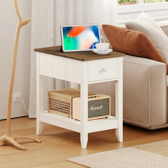 HOOBRO Side Table with Charging Station, Sofa Table with Drawer, End Table with Lift-Top Door,with 2 AC Outlets and 2 USB Ports, for Bedroom, Living Room, Office WH274UBZ01