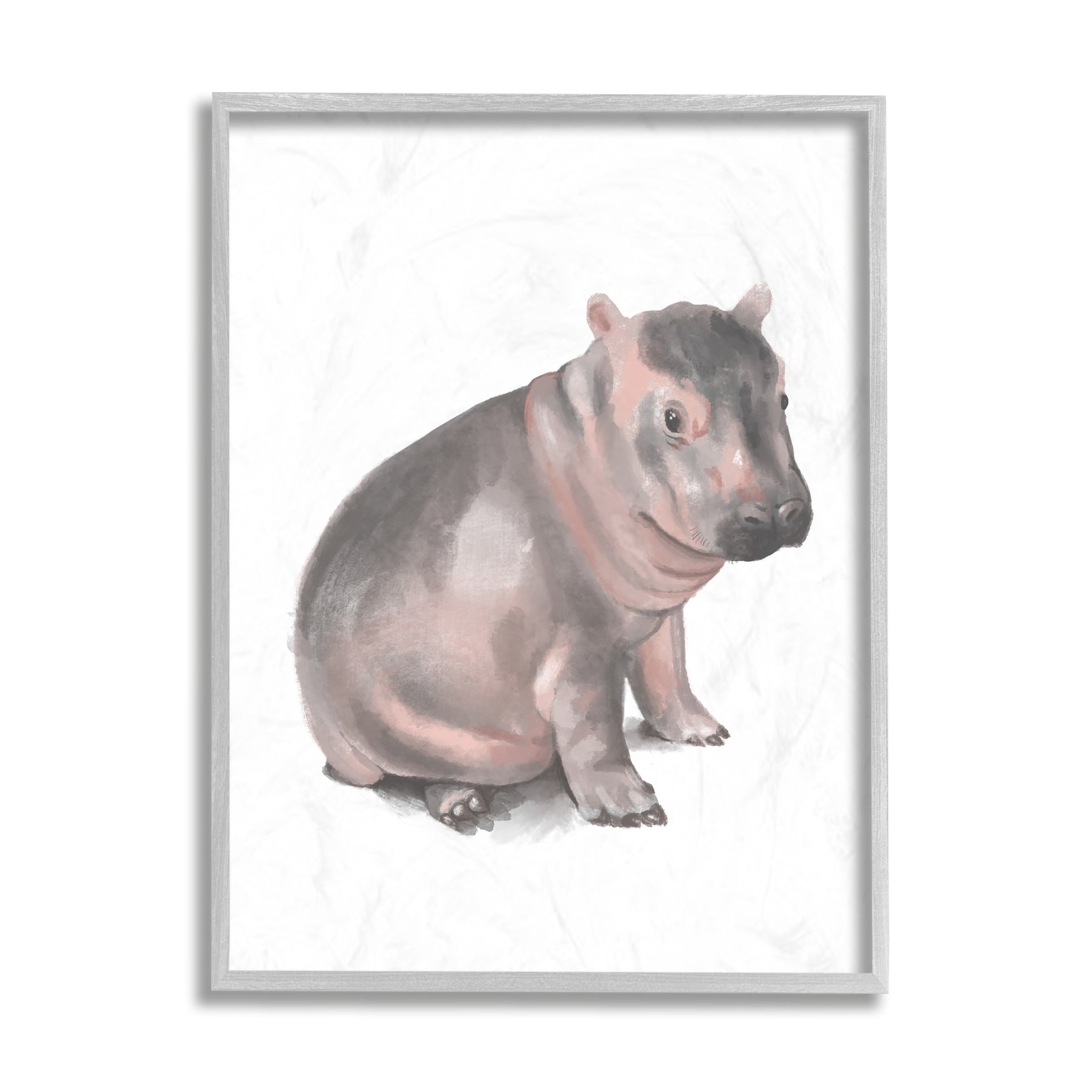Stupell Industries Sitting Baby Hippo Soft Pink Grey Illustration Black Framed, 24 x 30, Design by Daphne Polselli
