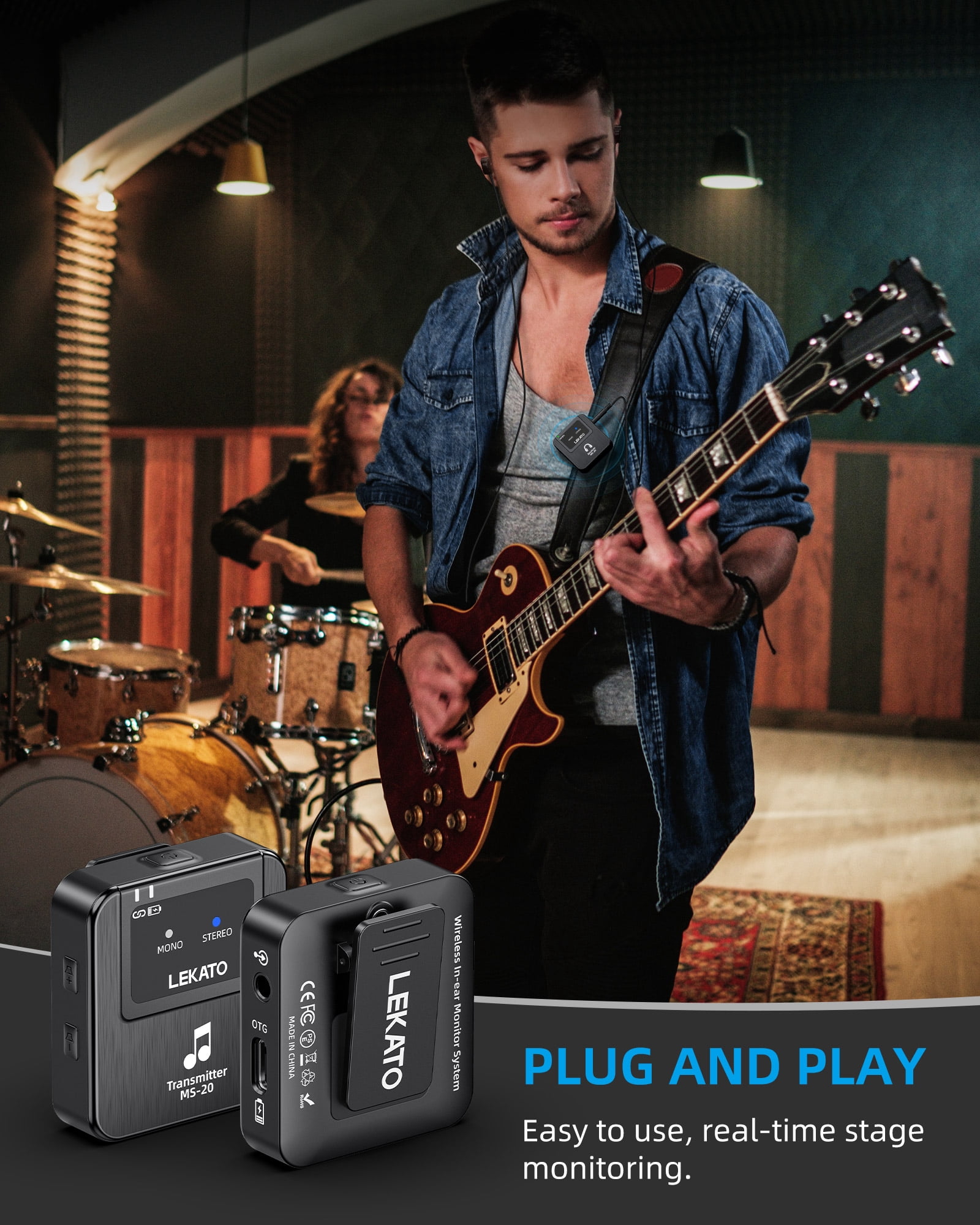 LEKATO Wireless in-Ear Monitor MS-20 2.4G IEM System Low Latency with Beltpack Transmitter Auto-Pairing Receiver OTG Support One to More in-Ear Monitoring for Live Performance Stage Singer Band