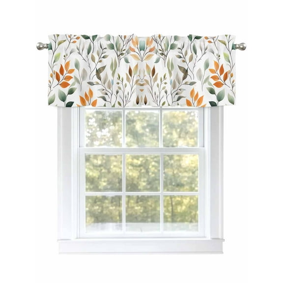 Orange Green Leaf Valances for Windows, Rod Pocket Kitchen Valance Curtains - Soft & Washable Small Window Treatment for Living Room, Bathroom, Nature Branch , 42x12 Inch, 1 Panel