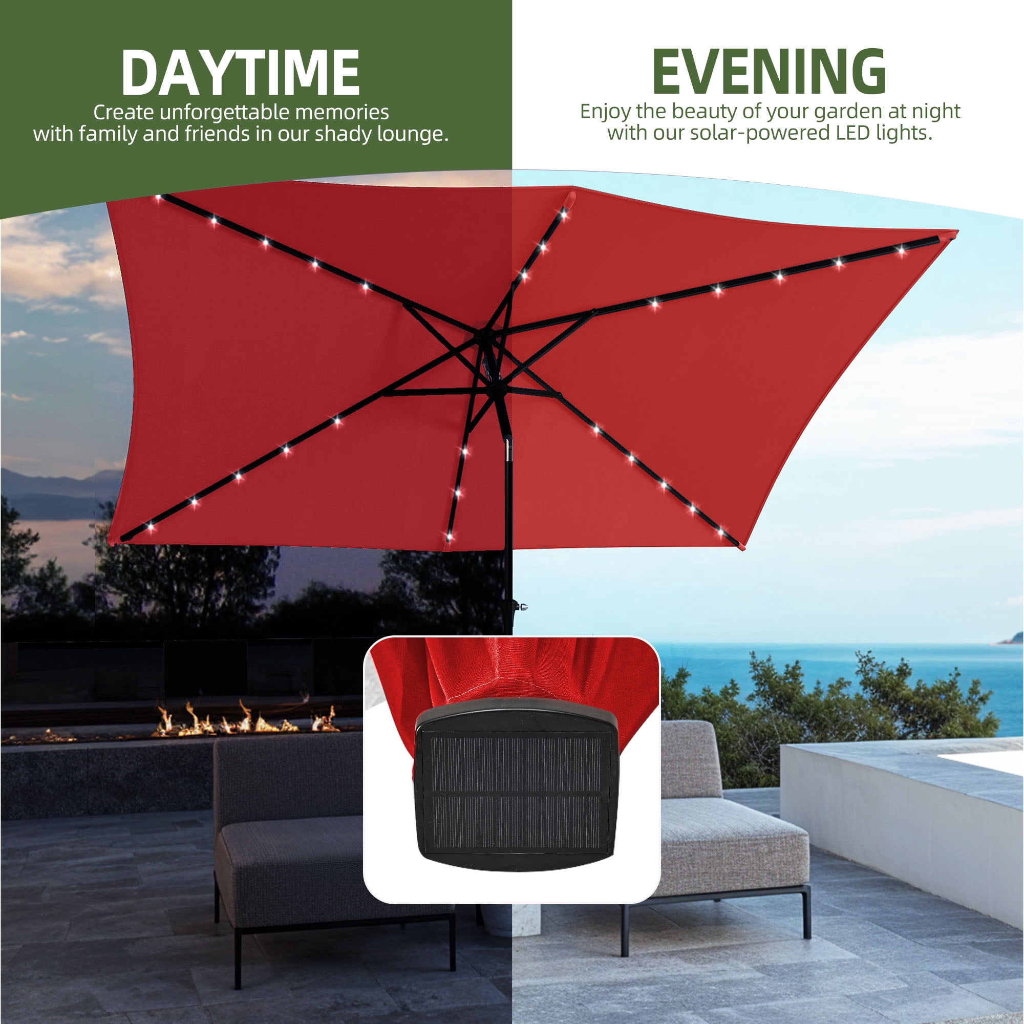 Uforic 6.5' x 10' Patio Umbrellas with 26 LED Lights,Outdoor Portable Shade Market Table Umbrella with Push Button Tilt & Adjust Crank, UV Resistant, Claret-red