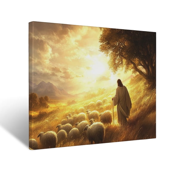CozyNet Jesus As The Good Shepherd, Leading Sheep Through A Glowing Golden Field Under A Bright Sky Wall Art Prints With Frame Canvas Perfect for Living Room & Bedroom, Wall Decor 12"x16"