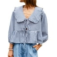 thumbnail image 2 of Elippeo Women's Summer Sweet Shirt Plaid Print Lantern Long Sleeve Doll Collar Bow Tie-Up Front Loose Peplum Tops, 2 of 8