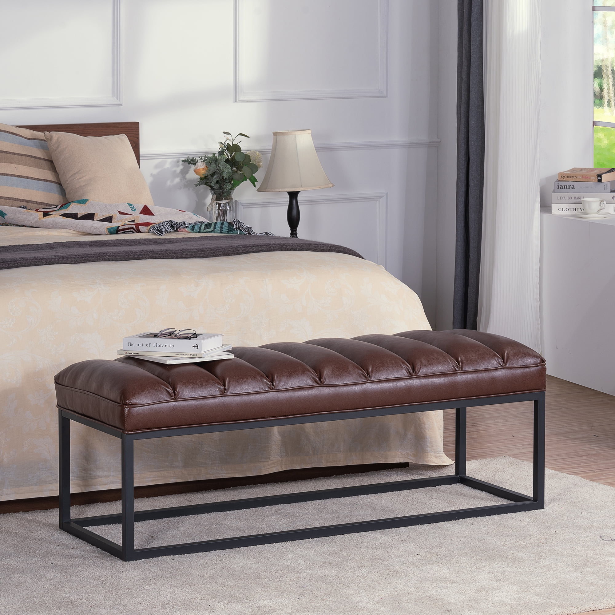 Kadyn Metal Base Upholstered Bench, PU Ottoman Bench for Entryway, Modern PU Bench for Bedroom, Dark Brown