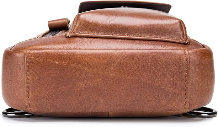 BULLCAPTAIN Genuine Leather Sling Bag for Men, Crossbody Chest Backpack with Adjustable Strap, Zipper Closure,Brown