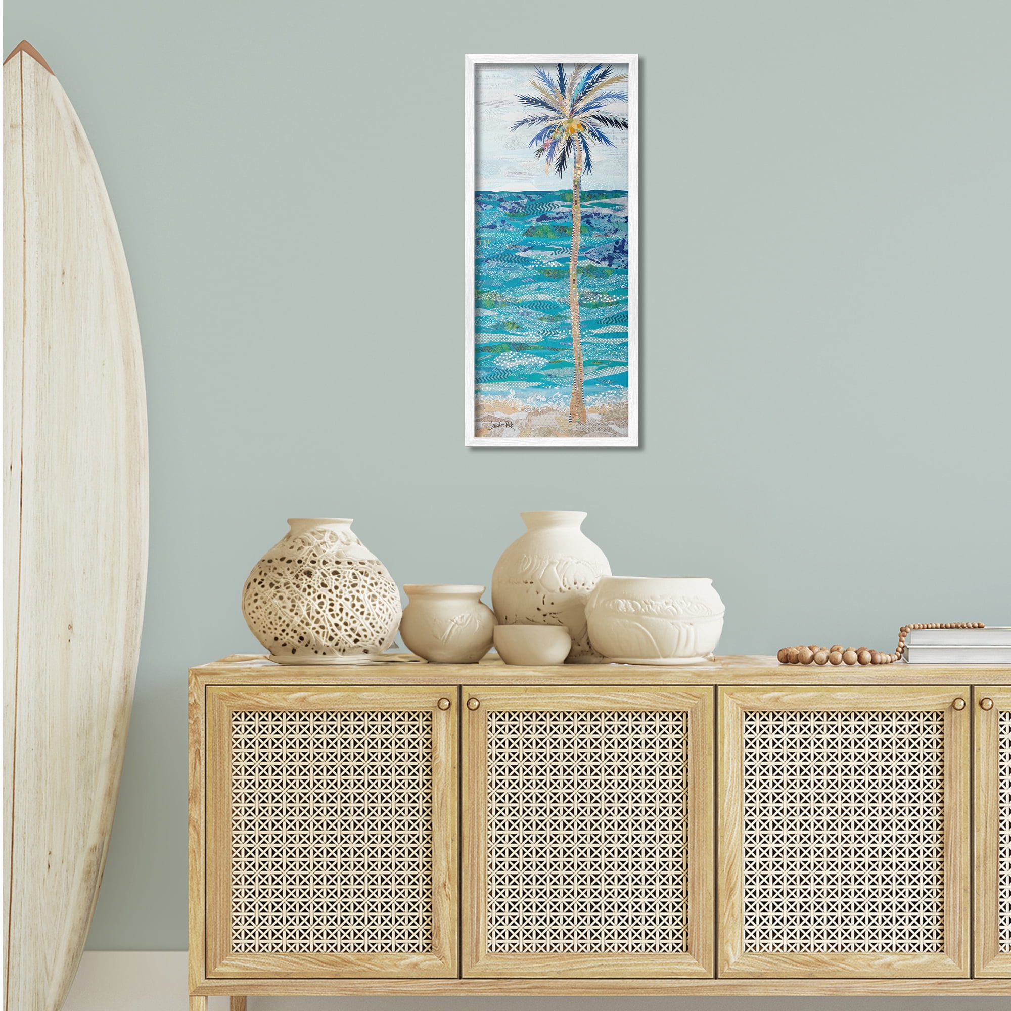 Stupell Industries Tangled in Blue Collage Coastal Painting White Framed Art Print Wall Art, 13 x 30