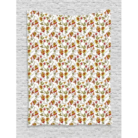 House Decor Wall Hanging Tapestry, Vintage Fabric Design Style Traditional Exotic Plants Flowers Pattern Fall Colors, Bedroom Living Room Dorm Accessories, By
