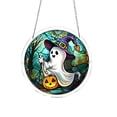 thumbnail image 2 of Halloween Suncatcher, 7.87 Inch Round Acrylic Window Hanging Decor, Ghost with Witch Hat & Pumpkin Design, Creates Rainbow Light Refraction, Halloween Home and Party Ornament, 2 of 6