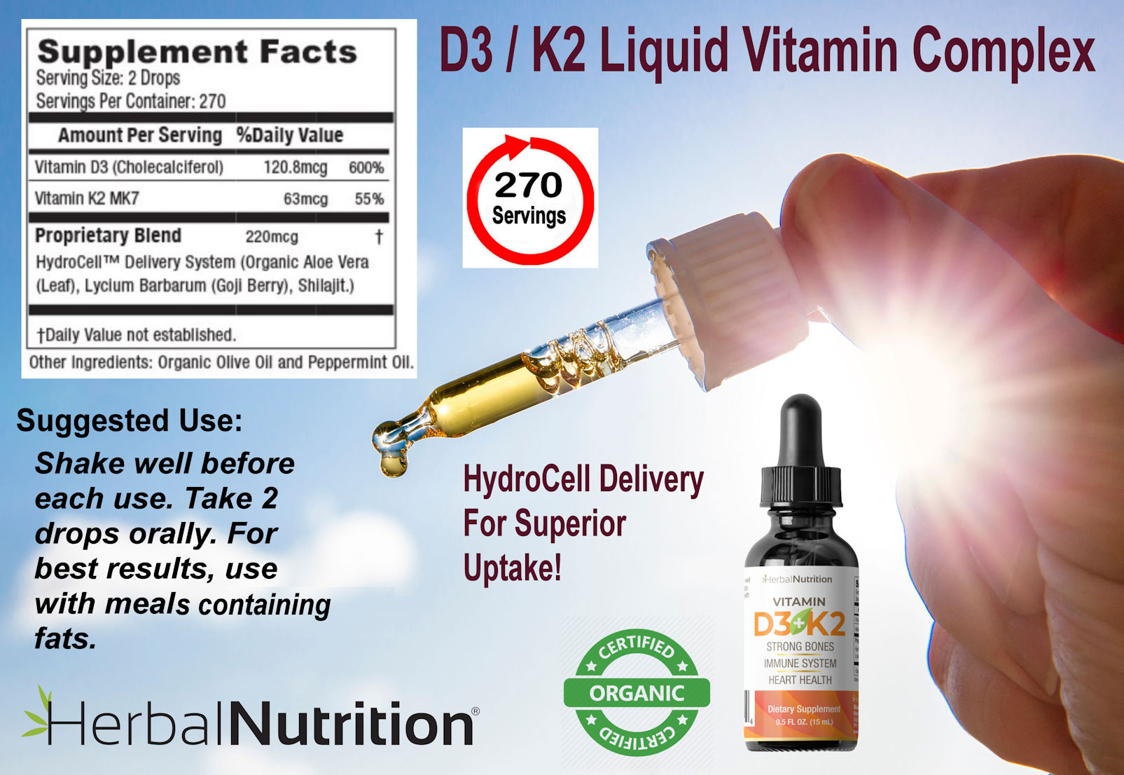 Two Pack - Vitamin D3 Liquid Complex Organic D3 K2 5000iu 270 Servings Per Bottle from Herbal Nutrition