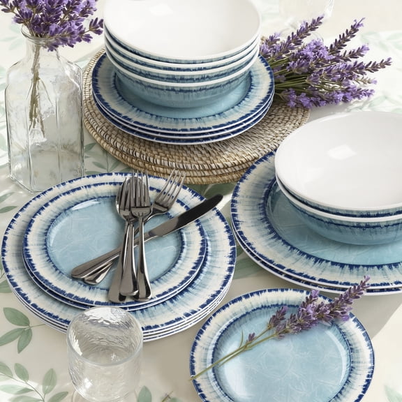 AELS 18 Pcs , Light Blue, Melamine Dinnerware Set, Lightweight Tableware, BPA Free & Dishwasher Safe, Indoor Outdoor Use
